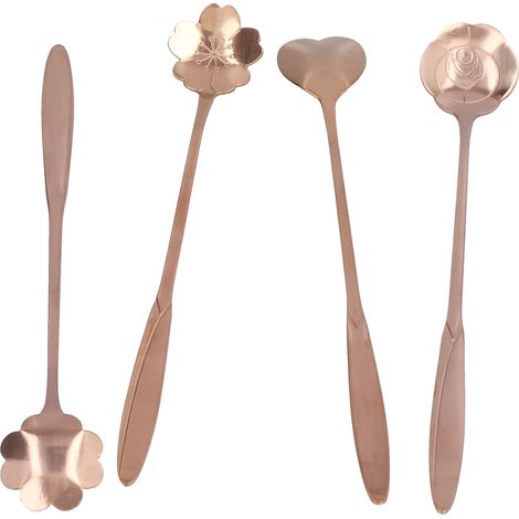 Cuillères à mélanger en forme de cœur et de fleur (lot de 4), cuillères à café, cuillères à dessert, cuillères à thé glacé, acier inoxydable, or rose (1/5)