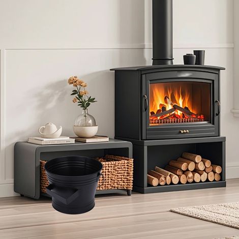 Seau à cendres en métal avec couvercle et pelle, manche en bois, grande capacité, noir. (1/4)
