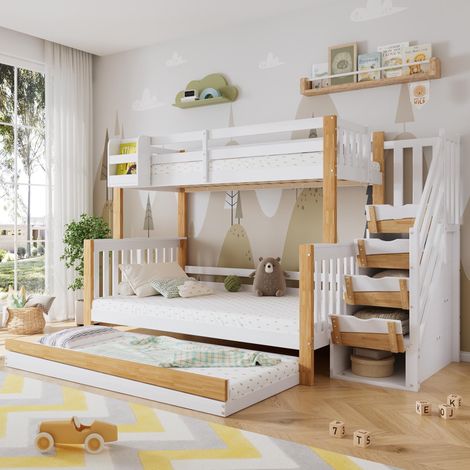 Lit superposé pour enfant, avec barrière anti-chute et rambarde, trois positions de couchage, lit gigogne, porte au design original, escalier d'angle, pin et MDF, blanc et naturel (1/5)