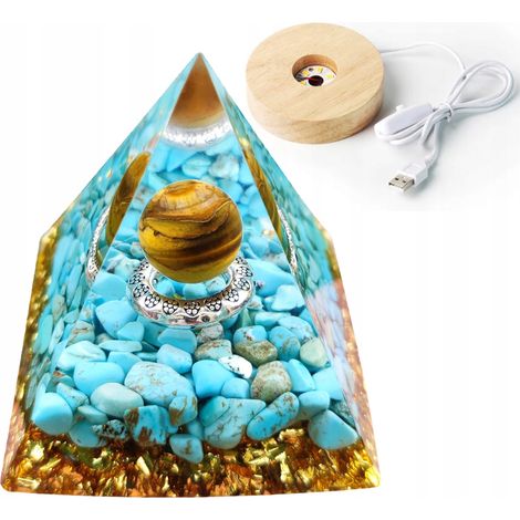 Pirámide de orgonita + base de lámpara LED, amuleto de piedras de cristal de 5 cm, 5 cm de alto x 11 pulgadas. (1/5)