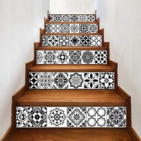 YMYNY Treppenaufkleber, Schwarz-Weiß-Stil, arabische Fliesen, 12 Stück/Set, 18 cm x 100 cm, Treppendekoration, 3D-Aufkleber, Kunst, Pegatinas de Pared, Heimdekoration, Wand (1/3)