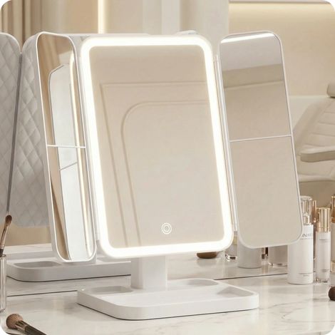Espejo plegable blanco estilo Hollywood para maquillaje, 22x17cm, LED (1/3)