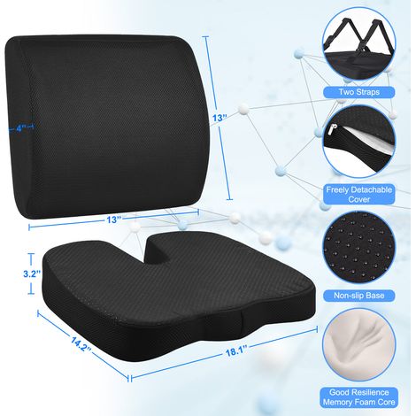 Coussin de siège & support lombaire Aoresac avec strap ajustable - Coussin ergonomique mémoire 100% pour bureau/car/travel
