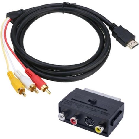 Ce câble adaptateur 2 en 1 est un câble HDMI compatible vers RCA SCART avec un connecteur S-Vidéo mâle vers trois connecteurs RCA SCART, adapté aux ports RCA des téléviseurs. (1/5)