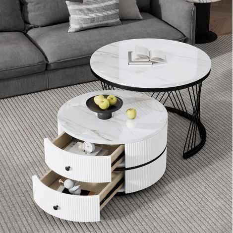 tavolo soggiorno 60 cm set 2 pezzi marmo cassetti bianco OKMYHOME (1/5)