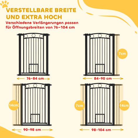 Barrière ajustable noire 106 cm pour animaux, avec chatière intégrée, adaptée aux escaliers et embrasures de porte