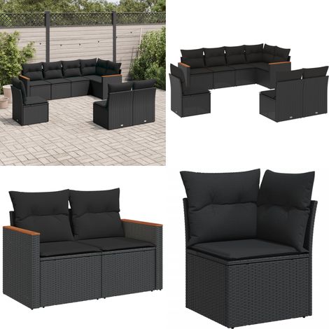 Salon de jardin 8 pcs avec coussins noir résine tressée - Ensemble Salon De Jardin - Mobilier Extérieur - Canapé Jardin - Chaise Jardin - Table Basse Jardin - Home & Living (1/5)
