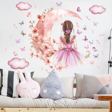 Lntyq Papillon fille autocollant mural, nuages de lune fleur fée autocollant mural, peinture murale florale papillons art mural pour filles bébé chambre d’enfant chambre salle de jeux-Rose