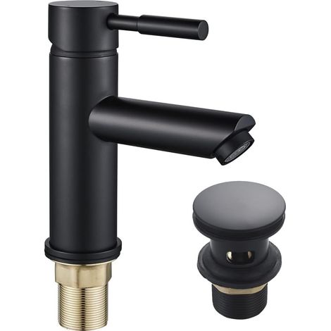 Black Basin Sink Mixer Tap with Pop-up Waste,Basin Mixer Tap Bathroom Sink Mono Cloakroom Waterfall Single Lever Tap Fixings with a Push-to-Release Drain Plug (1/5)