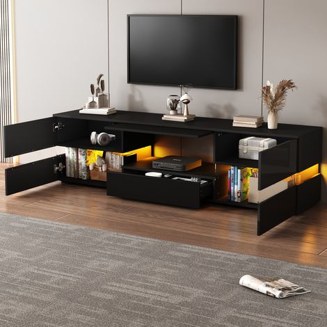 Meuble TV bas pour TV jusqu'à 70 pouces — 2 portes, 1 tiroir, niche, LED via appli, façade laquée noire (1/5)