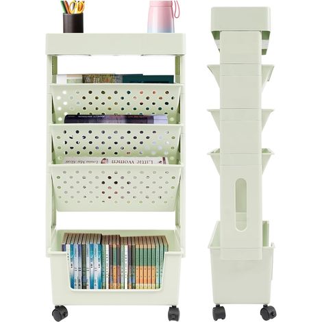 Estantería de almacenaje, Librería pequeña con ruedas, Carrito plegable con 5 niveles y ruedas giratorias 360°, Para salón, cocina, biblioteca, dormitorio, oficina, Verde