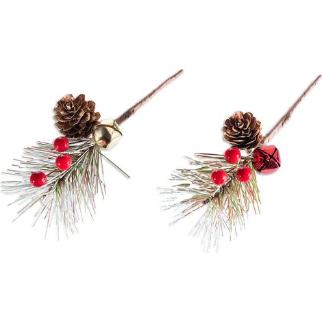 Rametti pick di aghi di pino innevati con campanella, bacche rosse e pigna, set da 40 pezzi, cm 7,5 H (con gambo 16)