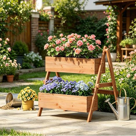 Fioriera a gradini 80x62x68 cm in legno marrone, 2 livelli salvaspazio – MEUBLIV (1/5)
