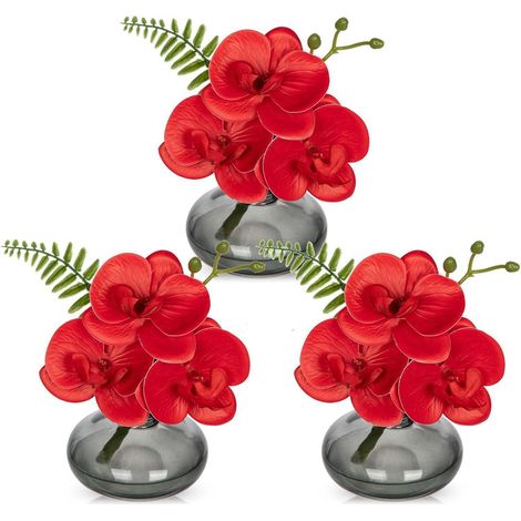 Kunstblumen 3er Set Orchideen Glasvase Wohnzimmer Büro Bad Rot (1/5)