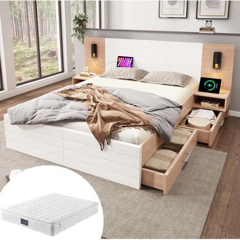Bett mit Schubladen 140x200 Massivholz MDF Weiß Eiche OKMYHOME (1/5)