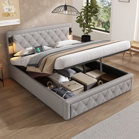 MEUBLIV Cama 160x200 cm gris – almacenaje hidráulico, cabecero, sin colchón (1/5)