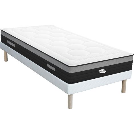 Ensemble 90 x 200 cm sommier + matelas hybride ressorts ensachés 7 zones et mémoire de forme ép.25cm - AMARANTE de NATUREA