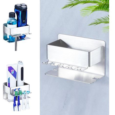 - Porta spazzolini - Porta spazzolini da parete - Organizzazione bagno - Compatibile con spazzolini elettrici e manuali - Argento - 10x8 cm (1/5)
