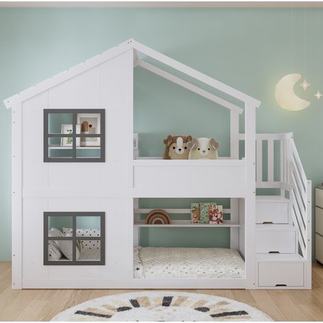 Litera infantil de madera blanco y gris 90x200 cm con escalera de almacenaje y somier de láminas (1/5)