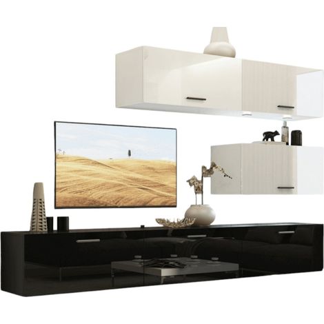 Set di mobili da soggiorno bianco e nero, sospesi collezione CEPTO XXV. 249cm, 6 pezzi, con LED, modulari.