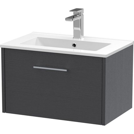 Winshill Contemporary 1 Drawer Wall Hung Vanity Unit with Minimalist Basin, Woodgrain Dark Grey, 600mm (1/4)