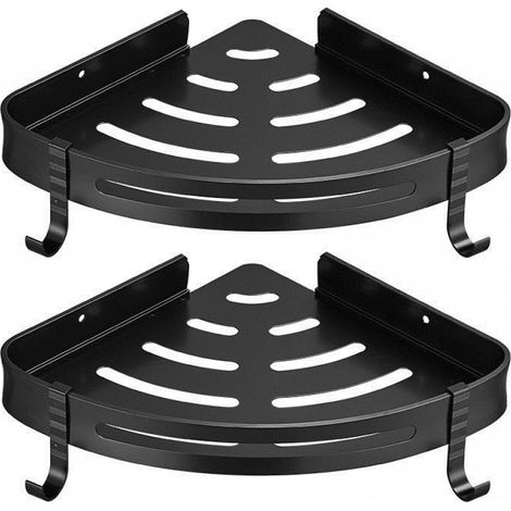 Supports d'Angle de Douche Noirs Lot de 2, Fixation Adhésive ou Perçable, Avec 2 Crochets pour Accessoires (1/5)
