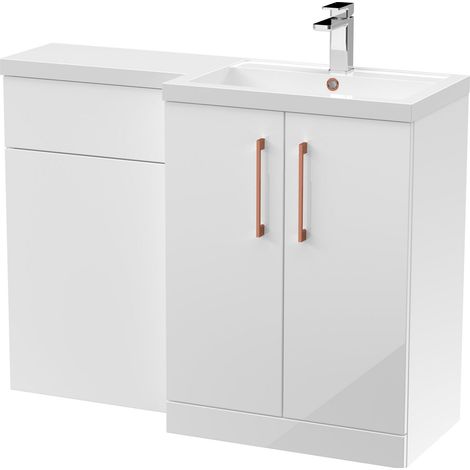 Balterley Right-Hand Bathroom Vanity and WC Unit Combination with Basin - 1100mm - Gloss White with Copper Handles (1/5)
