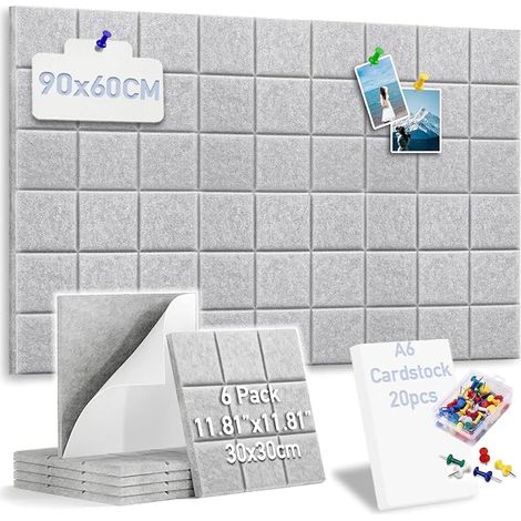 Felt Notice Board, 6 Pieces 30 x 30 cm Felt Panels with 35 Push Pins, 20 White A6 Cardboard Paper for Office and Home, Photos and Notes (Light Grey) (1/5)