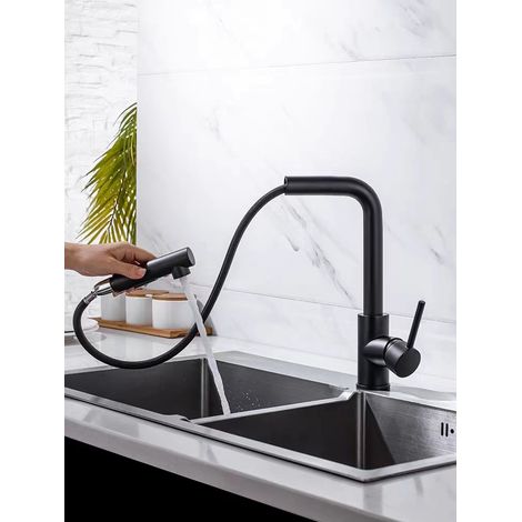 Robinet de cuisine extractible noir, mitigeur d'évier avec fonction douchette, deux modes de jet, options eau chaude et eau froide. (1/3)