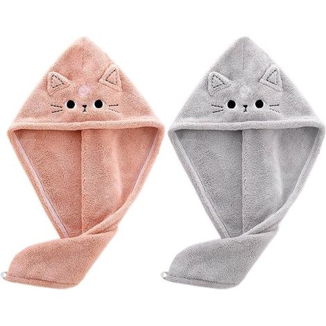 Set di asciugamani per capelli in microfibra per bambini (2 pezzi),con simpatiche stampe di gatti,adatti a donne e ragazze (gatti rosa e grigi) (1/5)