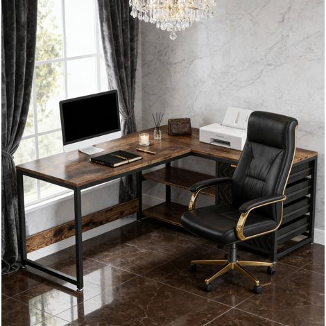 Schreibtisch aus Holzwerkstoff und Metall in Schwarz/Rustikbraun, L-förmig und reversibel mit Schubladen,150x110x75cm (1/5)