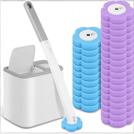Brosse de toilette jetable, brosse WC jetable avec 30 recharges nettoyantes, éponge, têtes de rechange pour tige de toilette, avec support pour lavabo, baignoire (gris) (1/5)