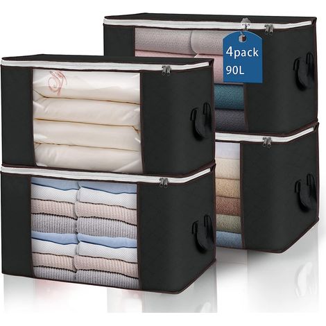 4 sacs de rangement pour vêtements de grande capacité, bacs de rangement à glissière respirants et pliables avec fermeture à glissière robuste (Noir) (1/5)