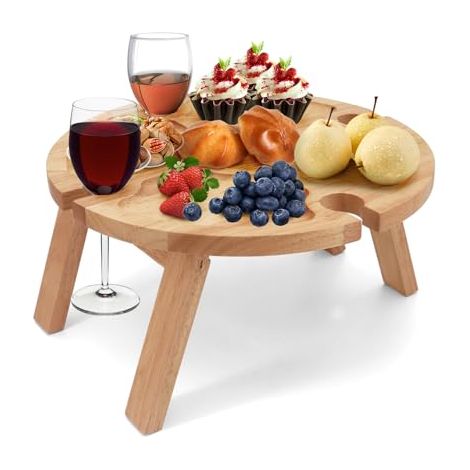 Table de pique-nique pliable en bois avec support pour verre à vin rouge - Table de pique-nique pliable - Petite table de plage pour jardin, voyage, camping, pique-nique, plage (1/5)