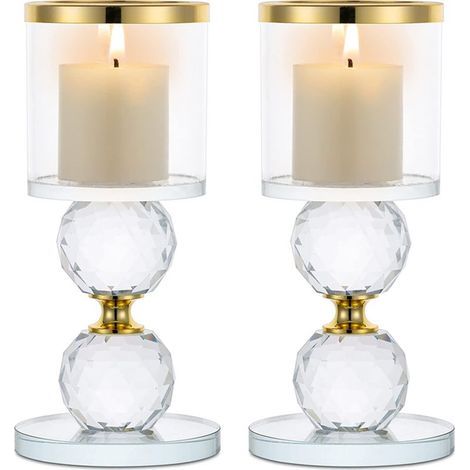 Portacandele a colonna in cristallo dorato, 2 candelieri in vetro trasparente, moderno portacandele a candelabro per lumini da tavolo, decorazione per soggiorno, Natale, casa, regali di nozze (1/4)