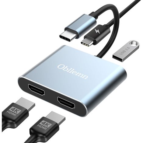 USB-C-auf-Dual-HDMI-Adapter, HDMI-auf-USB-C-Adapter mit USB 2.0 + 2 x 4K + 100 W PD, für MacBook Pro/Air, iPad, Surface, Dell, Chromebook
