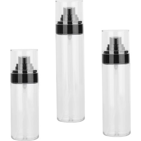 Drei transparente Sprühflaschen mit Kappen, die jeweils 80/100/120 ml Flüssigkeit für Gesichtswasser, ätherische Öle oder Reisespray enthalten. (1/5)