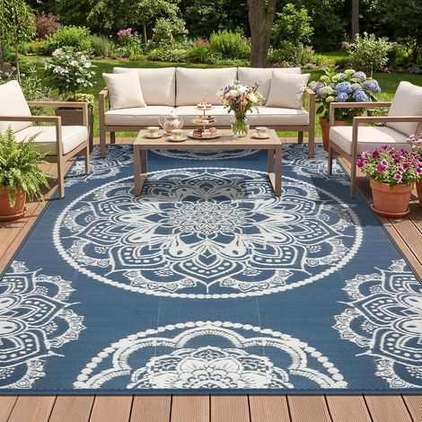 Tapis Exterieur Resistant Pluie Terrasse Tapis Barbecue Sol Exterieur Grand Tapis Plastique Exterieur Imperméable Tapis d'extérieur pour Terrasse Jardin Balcon Salon Natte de Plage 180 x 270cm, Bleu (1/5)