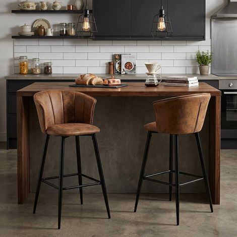 Lot de 2 Chaises de Bar Industriel, Siège 72 cm de Haut, Tabourets de Cuisine Vintage, avec Dossier en Suède, Marron (1/5)