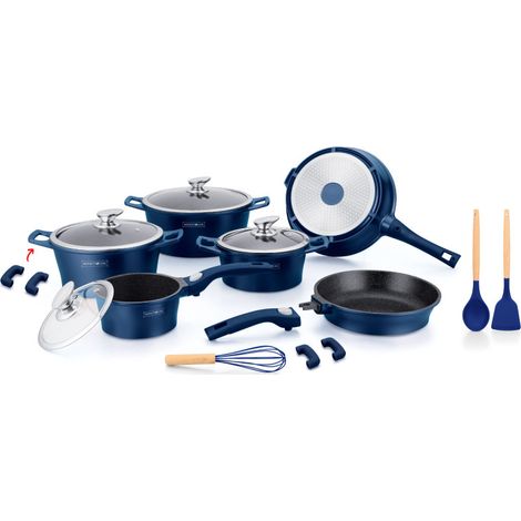 Batterie de cuisson complète poignées amovibles - Revêtement effet marbre - 20 pièces - Tous feux - Bleu nuit - Livraison gratuite