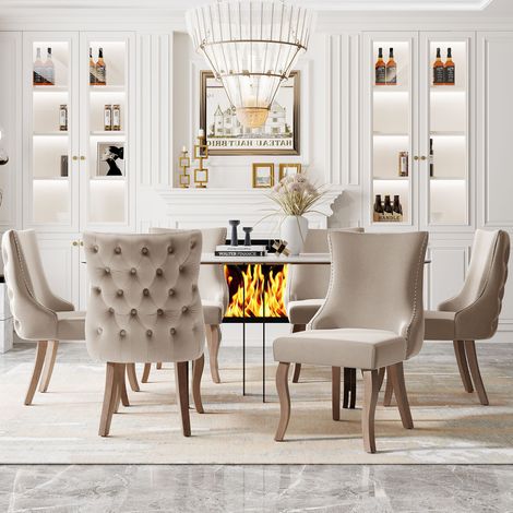 Silla de comedor de terciopelo beige con respaldo capitoneado, patas de madera maciza, 50 x 45 x 91 cm (1/5)