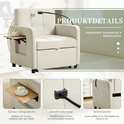 Fauteuil-lit 2-en-1, canapé convertible 1 place, siège avec coussins et rangements latéraux, incluant table d'appoint et sac de stockage, tissu chenille beige. (1/5)