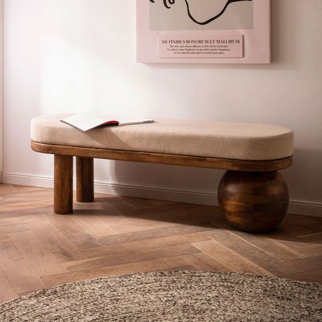 Banc design 140x40x47 cm en tissu beige et bois de manguier marron (1/5)