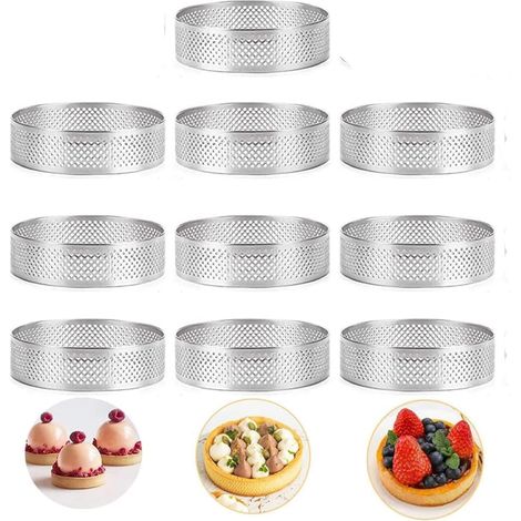 10 Pcs Stainless Steel Round Tartlet Tart Quiche Moussine Doughnut Burger Pan with Holes Baking Shape for Pies, Quiches, Doughnut Rounds 4 Inch (1/5)