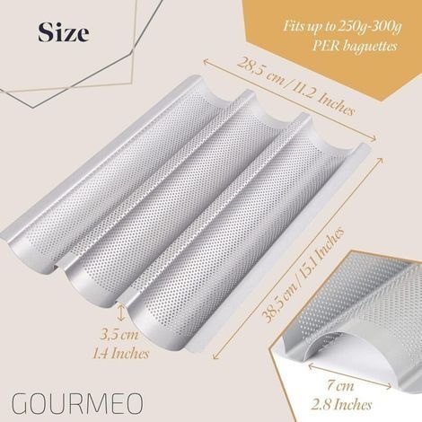 Antihaftbeschichtete Baguette-Backform für den Backofen – 38,5 cm x 28,5 cm x 3,5 cm – Perforiertes Backblech für 3 Baguettes – Einfache Handhabung und Reinigung (1/4)