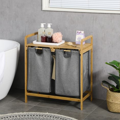 Cesto de Ropa Sucia de Bambú Cesto para la Colada con 2 Bolsas Extraíbles y Estante para Baño 63,5x33x73 cm Natural y Gris (1/5)