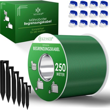 KESSER® Câble périphérique + piquet + connecteur de câble pour robot de tonte Accessoires pour robot de tonte SET Câble périphérique compatible universel  Vert / 250m + kit (1/5)