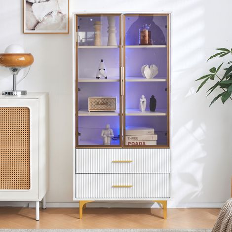 Vitrine en verre avec lumières LED et étagères amovibles - H 150 cm - 2 pportes en verre et 2 tiroirs - Blanc (1/5)