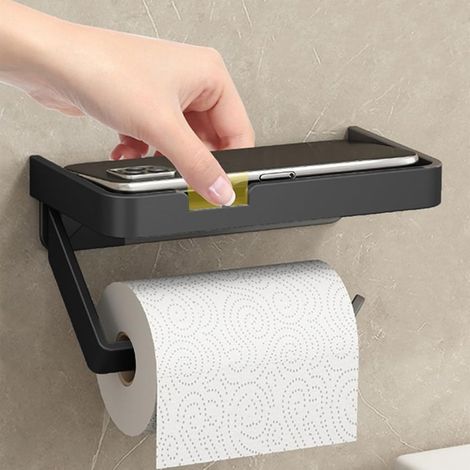 Porte Rouleau Papier Toilette Mural Avec Etagère, Pratique Porte-Rouleau Hygiénique, Sans Percage Derouleur Papier Toilette -Noir (1/4)