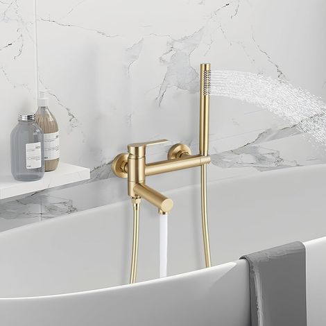 Grifo mezclador de baño mural, acabado en oro cepillado, grifo de ducha monomando de 2 funciones con ducha de mano, caño giratorio de 90°, acero inoxidable. (1/5)